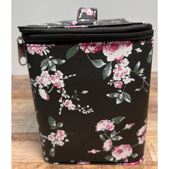 Floral Makeup Travel Case With Mirror & Adjustable Strap - Black & Pink Design - - Picture 3 of 7